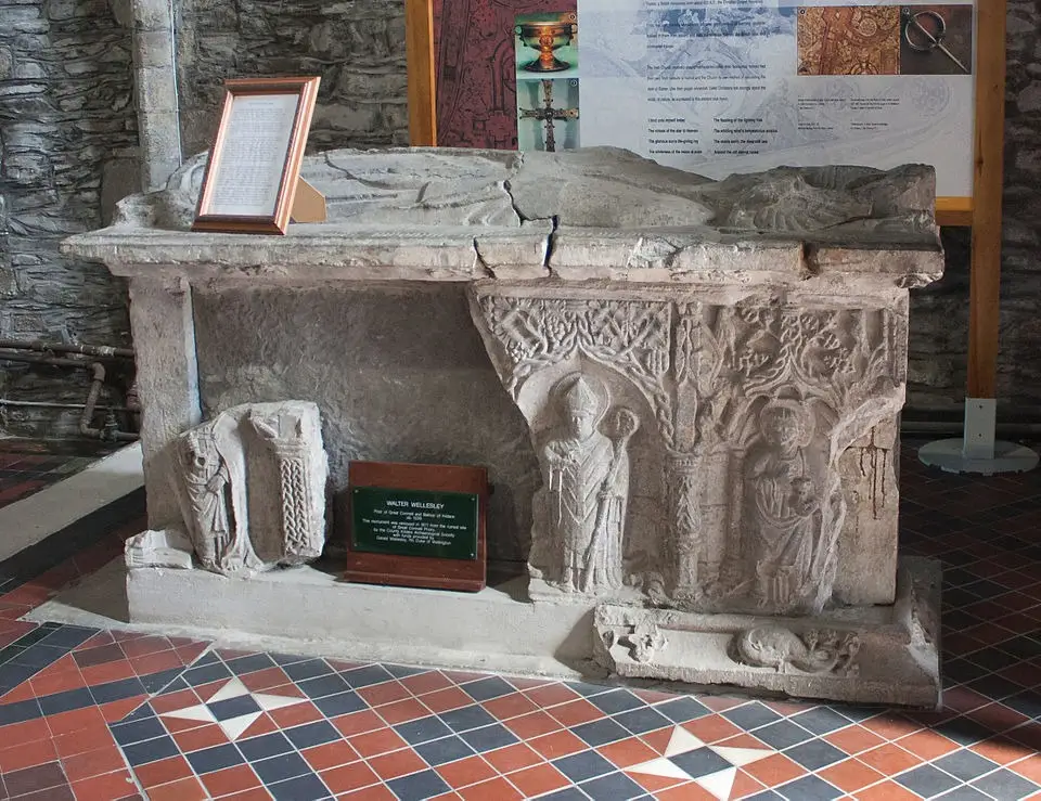 Carved medieval stone tomb of Bishop Walter Wellesley inside St Brigid’s Cathedral in Kildare Town.